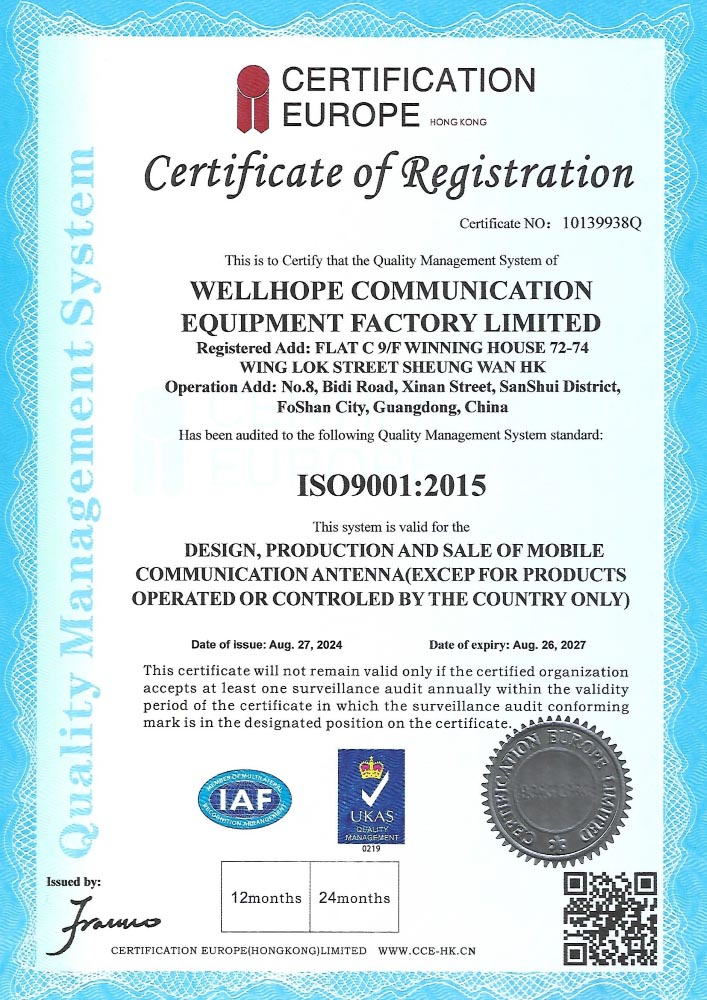 WHWIRELESS ISO 9001:2015 -sertifikaatti